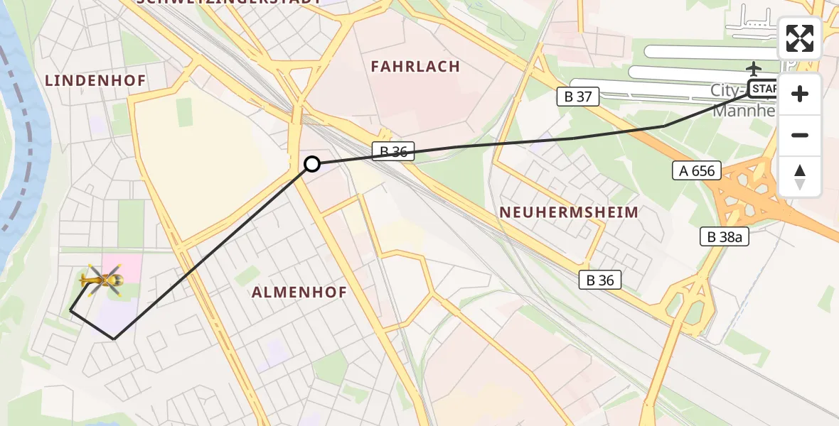 Flugroute Rettungshubschrauber Mannheim-City Flughafen - Mannheim, 17 Oktober 2026, 13:00