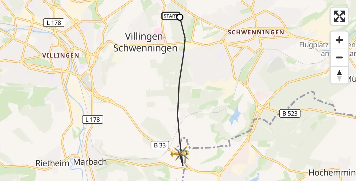 Flugroute Ambulanzhubschrauber DRF Air Rescue Station Villingen-Schwenningen Hubschrauberlandeplatz (Christoph 11) - Villingen-Schwenningen, 17 Oktober 2026, 13:02