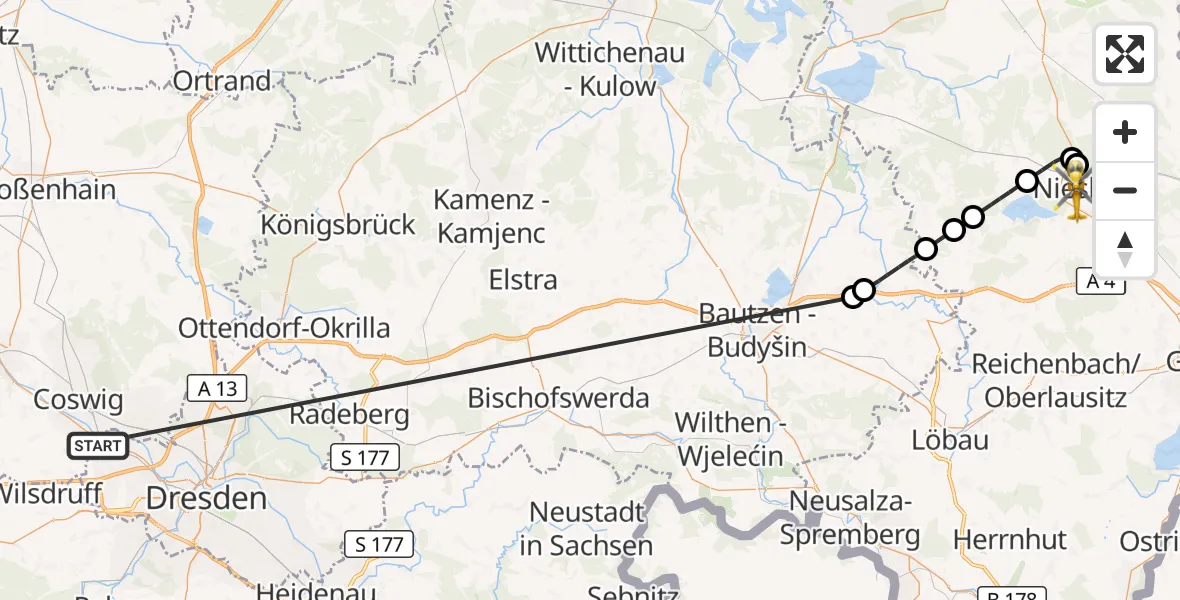 Flugroute Rettungshubschrauber Dresden - Niesky, 17 Oktober 2026, 13:10