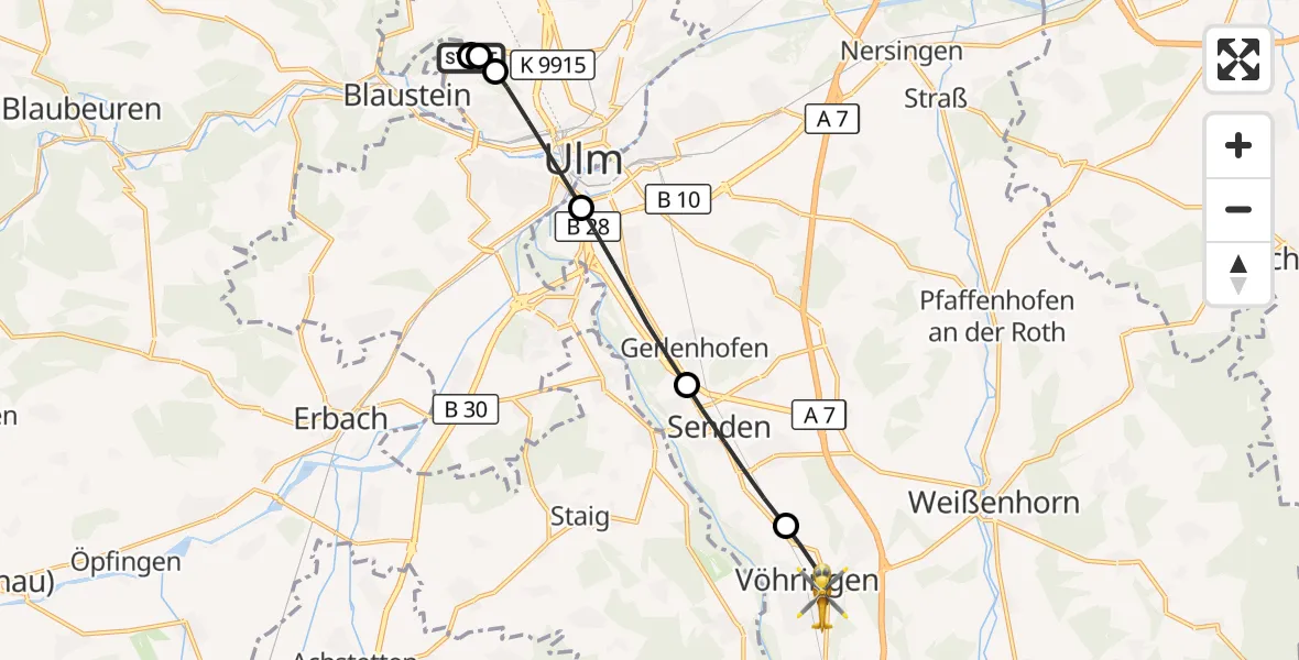 Flugroute Rettungshubschrauber Ulm Military Hospital Emergency - Vöhringen, 17 Oktober 2026, 13:12