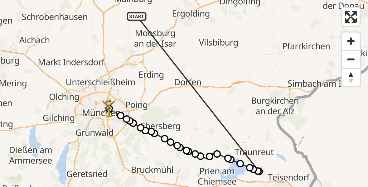Flugroute Rettungshubschrauber Rudelzhausen - München Bogenhausen Hospital, 17 Oktober 2026, 13:19