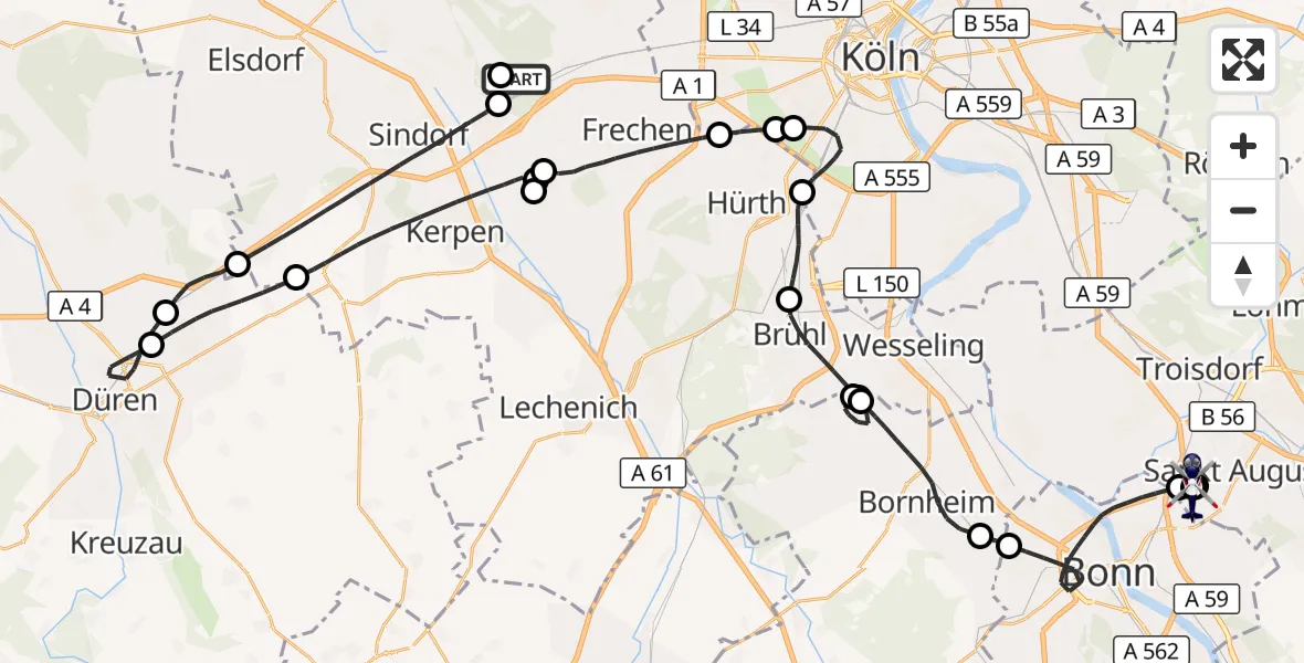 Flugroute Polizeihubschrauber Frechen - Sankt Augustin, 17 Oktober 2026, 13:31