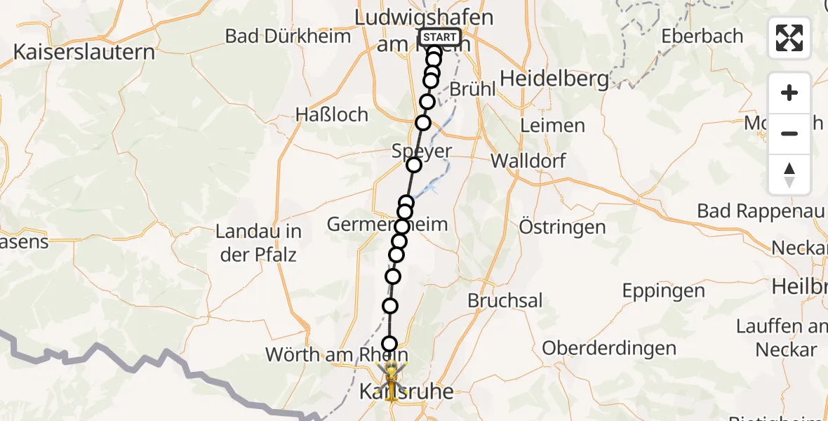 Flugroute Rettungshubschrauber Mannheim - Karlsruhe, 17 Oktober 2026, 13:32