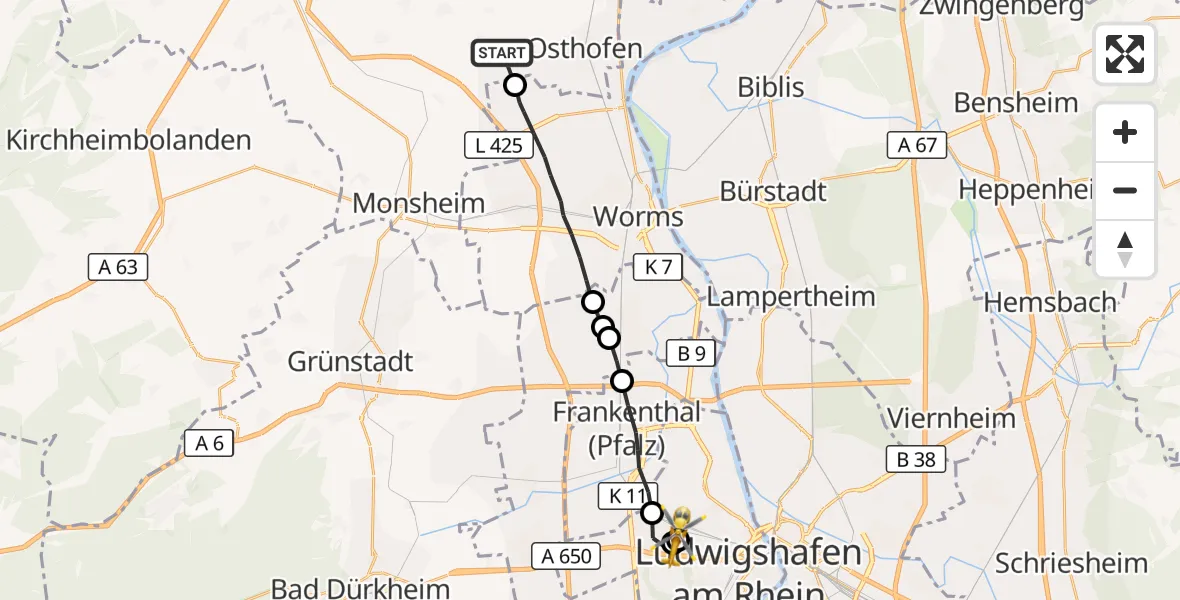 Flugroute Rettungshubschrauber Westhofen - Ludwigshafen Accident Hospital, 17 Oktober 2026, 13:39