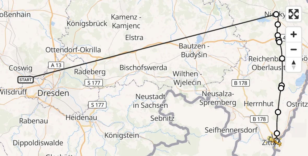 Flugroute Rettungshubschrauber Dresden - Zittau, 17 Oktober 2026, 13:39