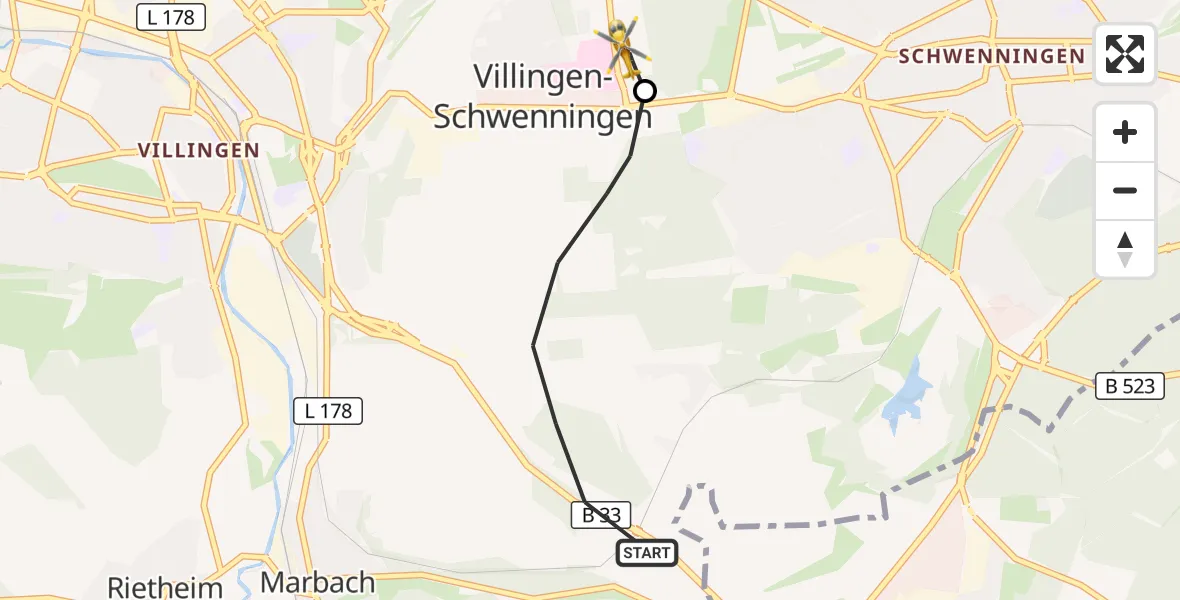 Flugroute Ambulanzhubschrauber Villingen-Schwenningen - DRF Air Rescue Station Villingen-Schwenningen Hubschrauberlandeplatz (Christoph 11), 17 Oktober 2026, 13:42