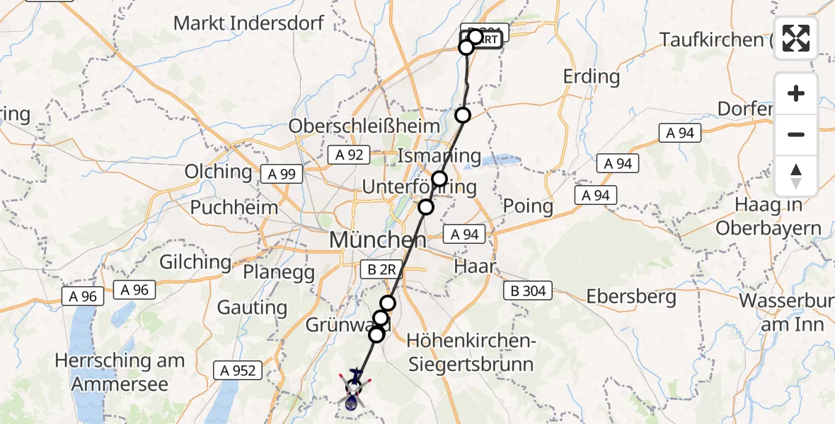 Flugroute Polizeihubschrauber Hallbergmoos - Straßlach-Dingharting, 17 Oktober 2026, 13:52