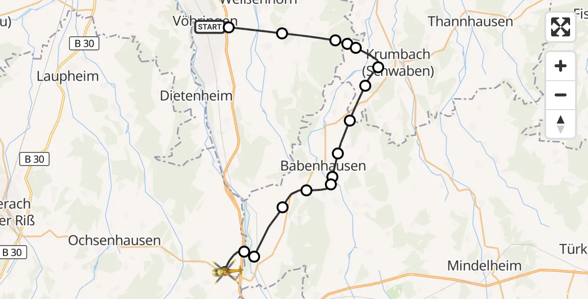 Flugroute Rettungshubschrauber Vöhringen - Kirchdorf an der Iller, 17 Oktober 2026, 14:08