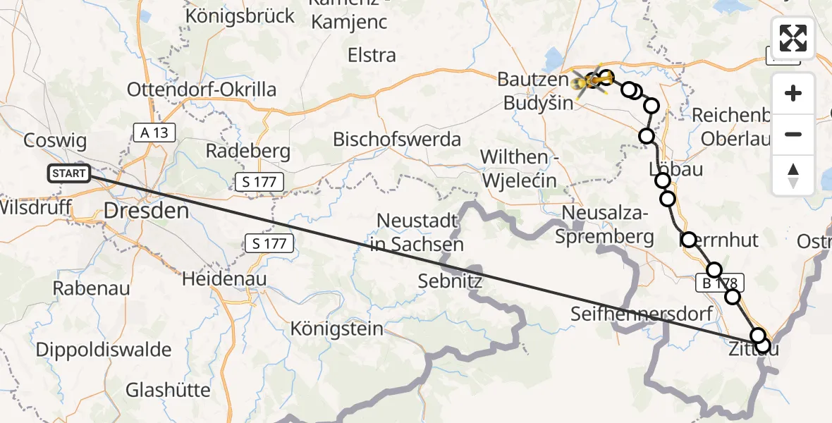 Flugroute Rettungshubschrauber Dresden - Bautzen Flugplatz, 17 Oktober 2026, 14:14