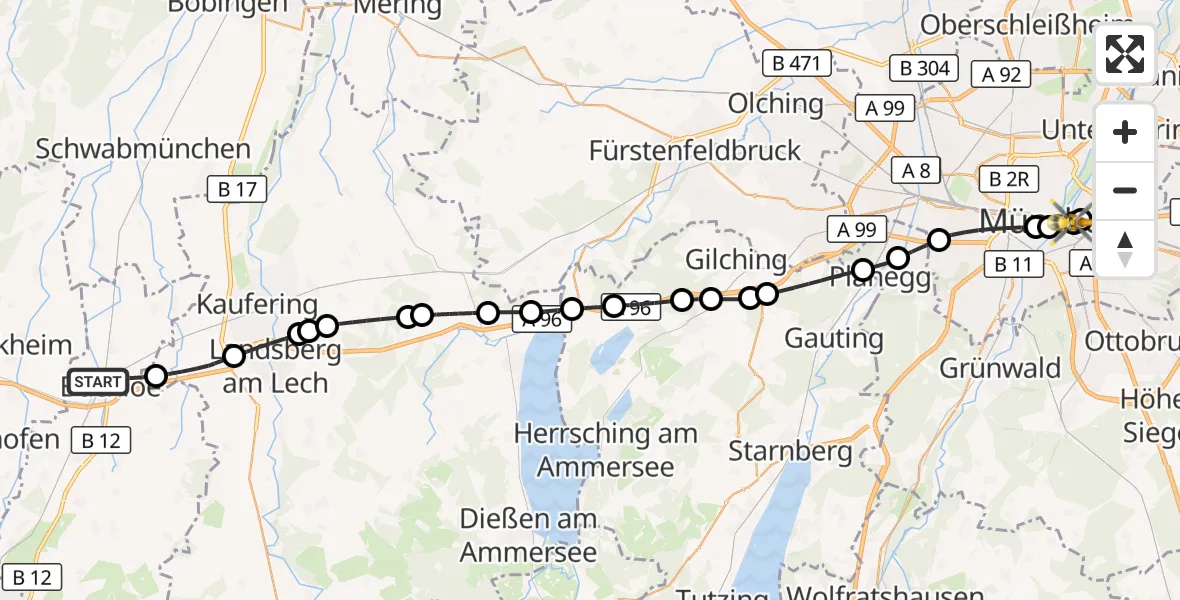Flugroute Rettungshubschrauber Buchloe - Rechts der Isar University Hospital, 17 Oktober 2026, 14:15