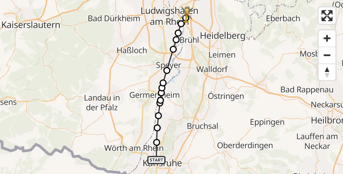 Flugroute Rettungshubschrauber Karlsruhe - Mannheim-City Flughafen, 17 Oktober 2026, 14:20