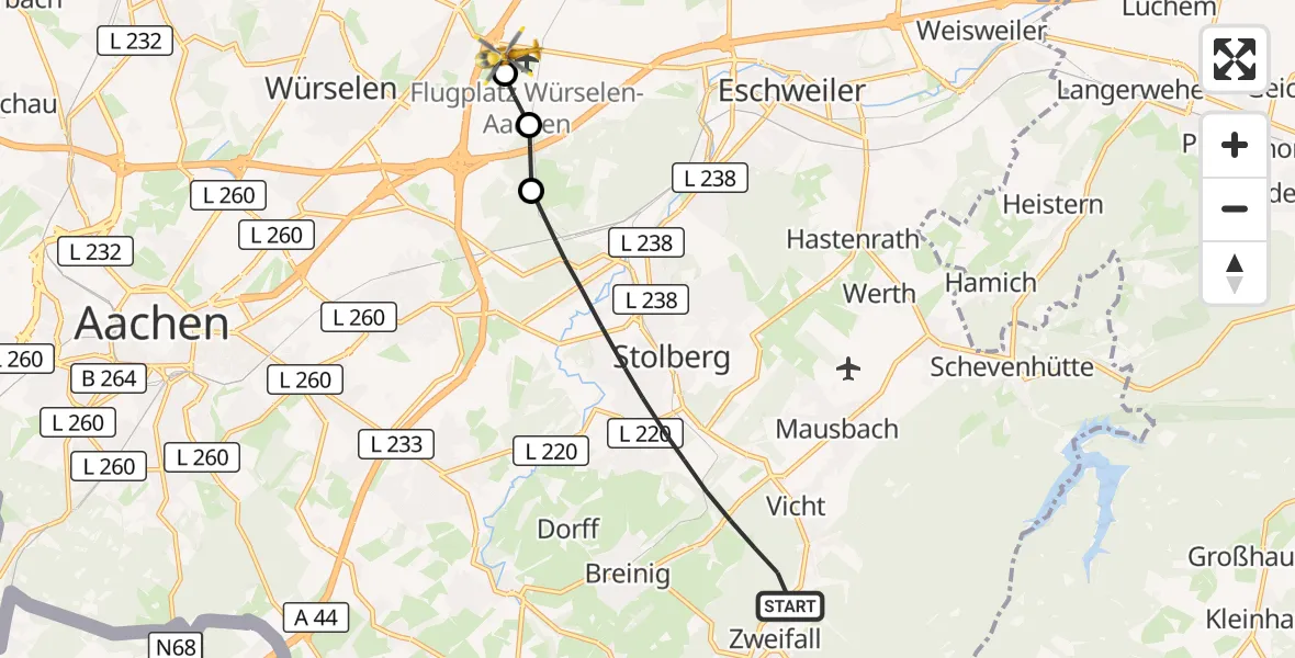 Flugroute Rettungshubschrauber Stolberg (Rhld.) - Aachen-Merzbrück Flughafen, 17 Oktober 2026, 14:23