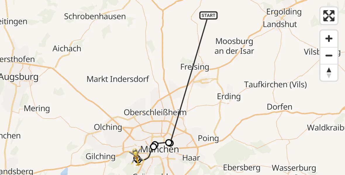 Flugroute Rettungshubschrauber Rudelzhausen - DRF Air Rescue München Hubschrauberlandeplatz, 17 Oktober 2026, 14:27