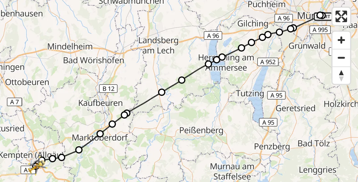 Flugroute Rettungshubschrauber Rechts der Isar University Hospital - Kempten-Durach Flugplatz, 17 Oktober 2026, 14:49