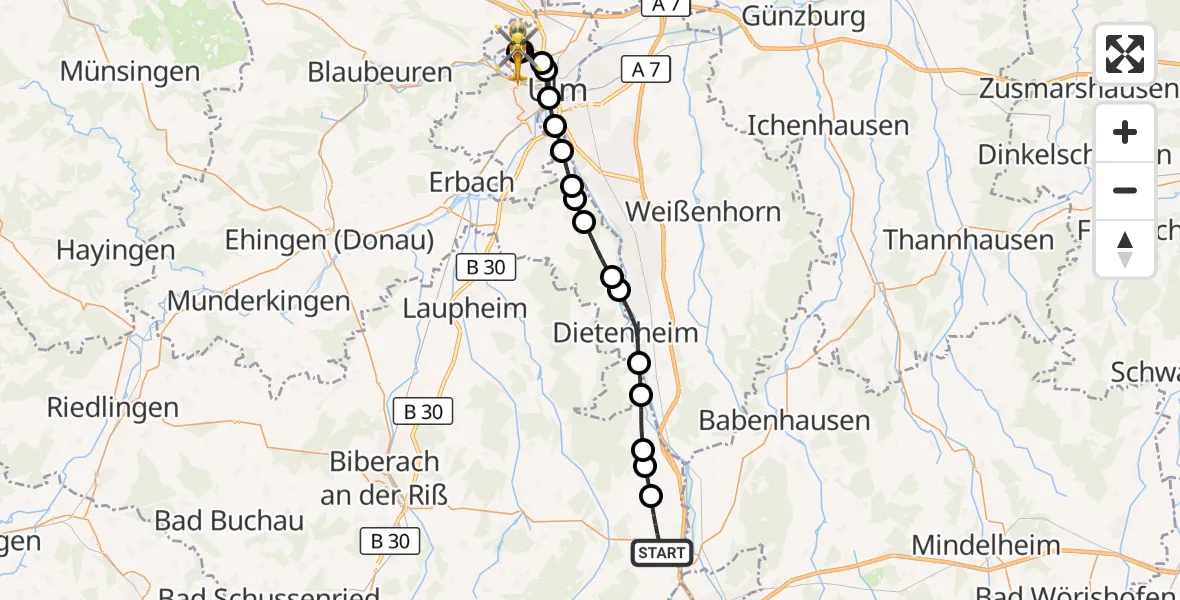 Flugroute Rettungshubschrauber Kirchdorf an der Iller - ADAC Air Rescue Station Ulm (Christoph 22), 17 Oktober 2026, 14:58