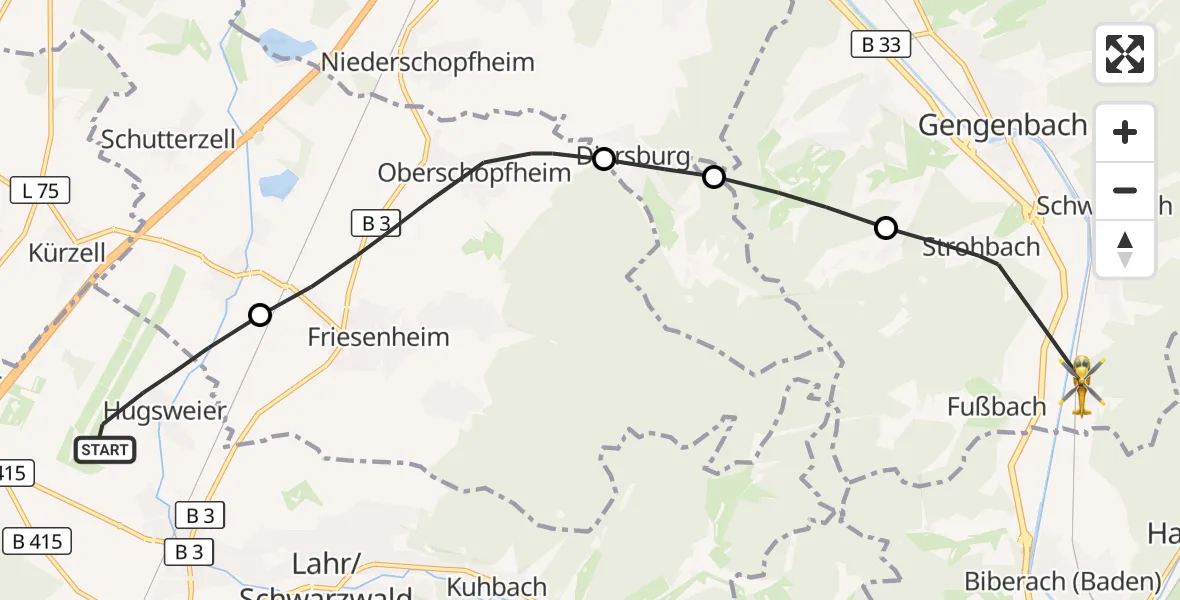 Flugroute Rettungshubschrauber Lahr Flughafen - Gengenbach, 17 Oktober 2026, 15:02