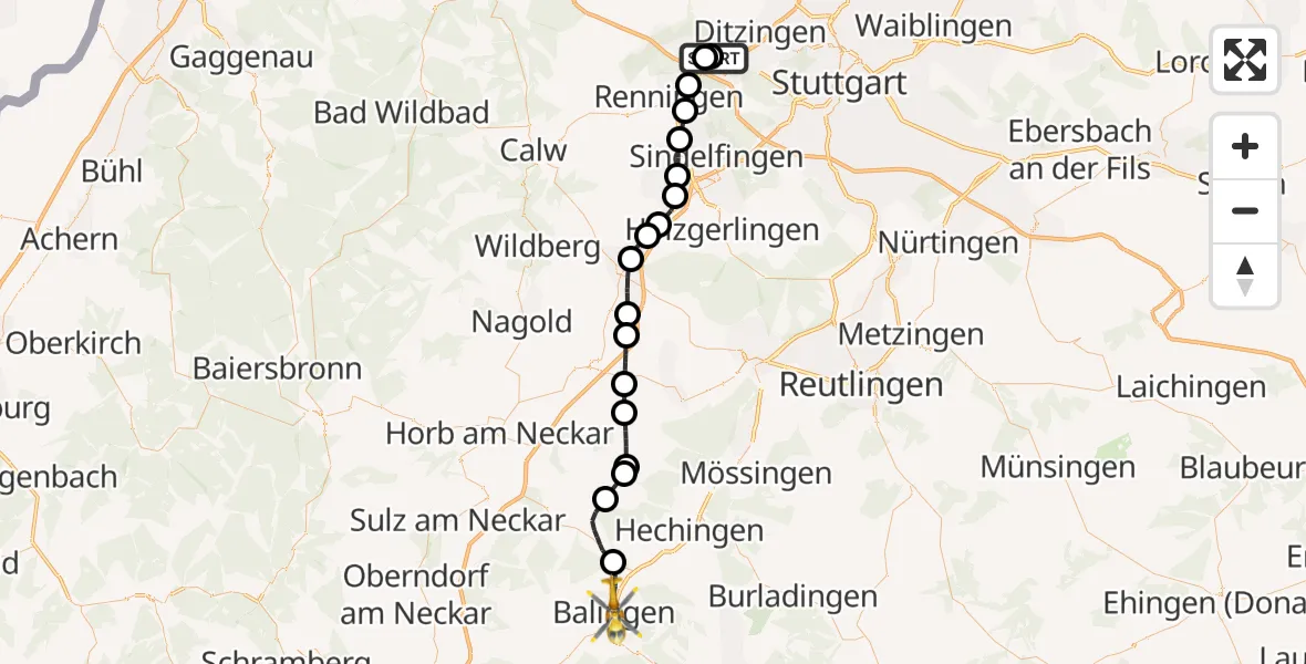 Flugroute Rettungshubschrauber Leonberg Hospital - Balingen, 17 Oktober 2026, 15:08