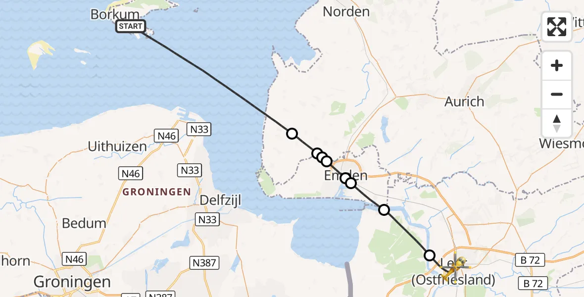 Flugroute Ambulanzhubschrauber Noordzee - Leer (Ostfriesland), 17 Oktober 2026, 15:13