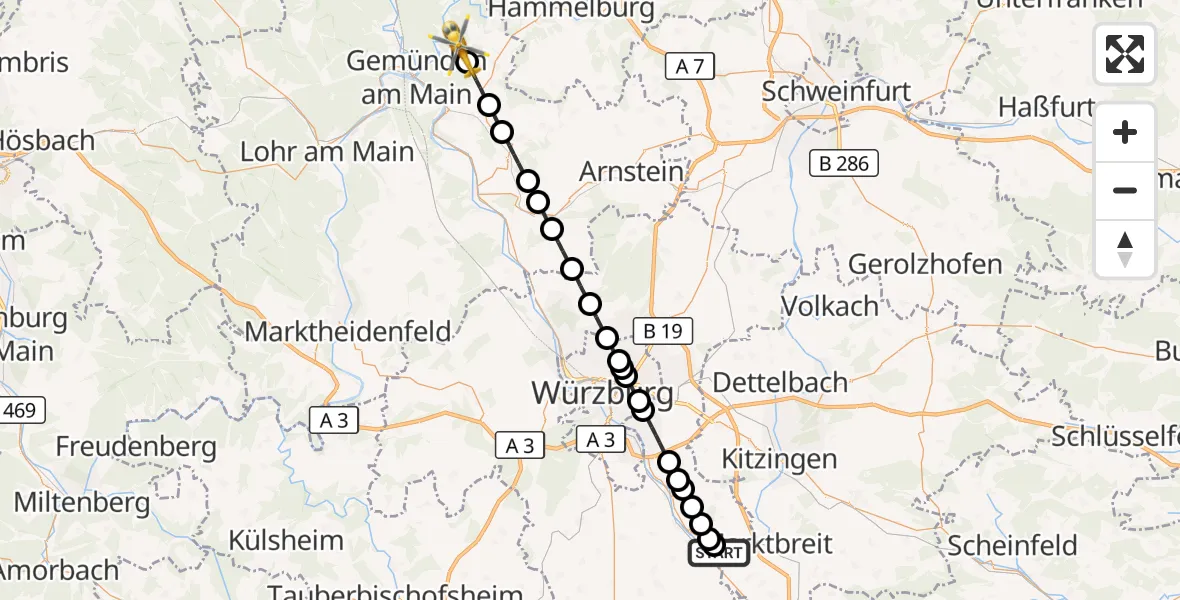 Flugroute Rettungshubschrauber Ochsenfurt Hospital - Gemünden a.Main, 17 Oktober 2026, 15:18