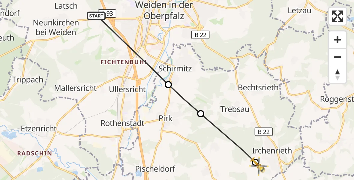 Flugroute Ambulanzhubschrauber Weiden i.d.OPf. - Irchenrieth, 17 Oktober 2026, 15:20