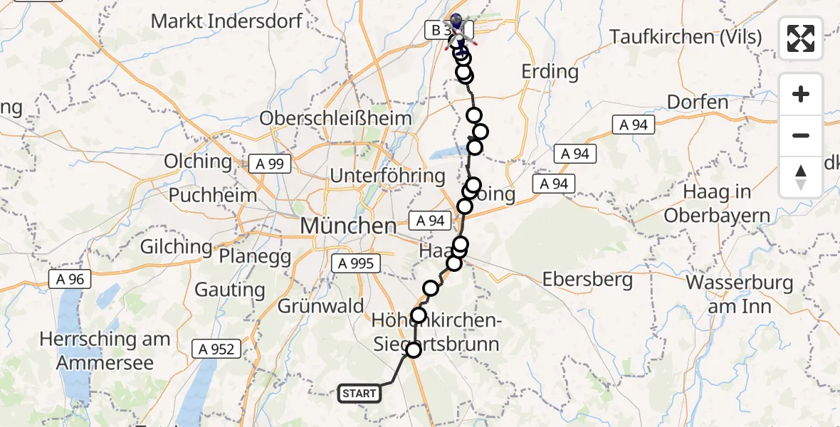 Flugroute Polizeihubschrauber Sauerlach - München Flughafen, 17 Oktober 2026, 15:33