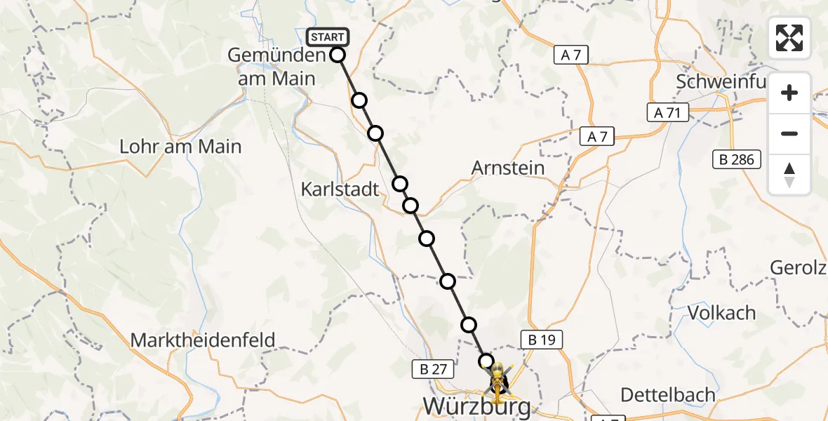 Flugroute Rettungshubschrauber Gemünden a.Main - Würzburg University Hospital Straubmühlweg, 17 Oktober 2026, 15:51