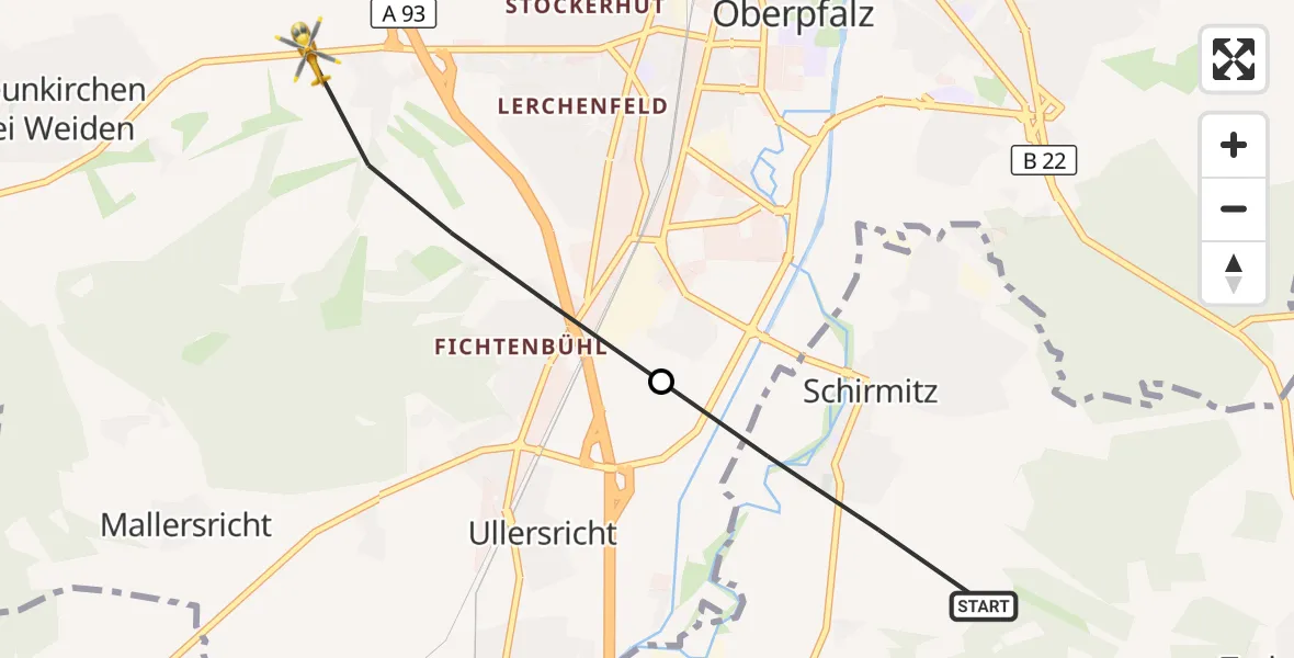 Flugroute Ambulanzhubschrauber Schirmitz - Weiden i.d.OPf., 17 Oktober 2026, 15:52