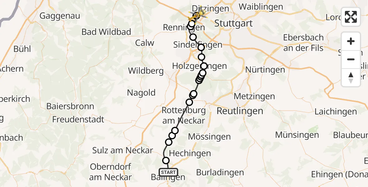 Flugroute Rettungshubschrauber Balingen - Leonberg Hospital, 17 Oktober 2026, 15:53