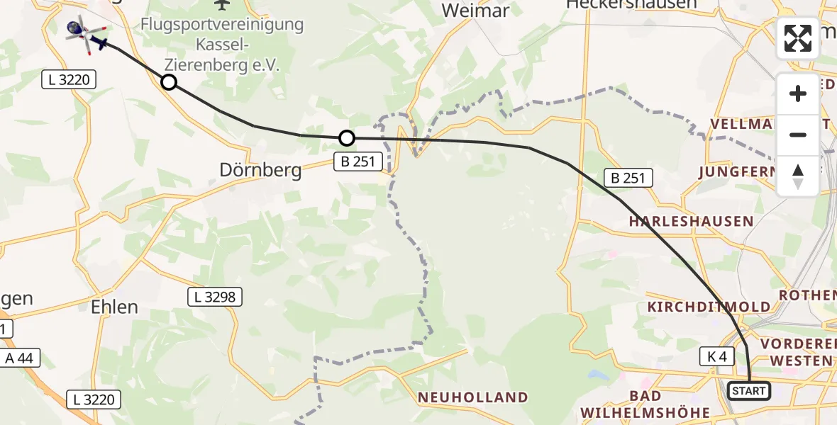 Flugroute Polizeihubschrauber Kassel - Zierenberg, 17 Oktober 2026, 15:56