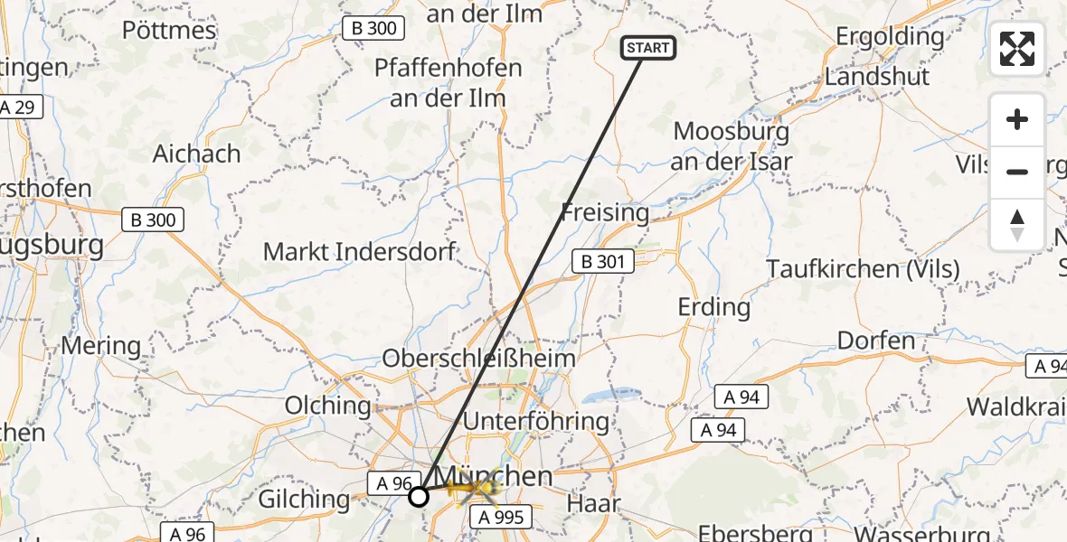 Flugroute Rettungshubschrauber Rudelzhausen - München, 17 Oktober 2026, 16:03