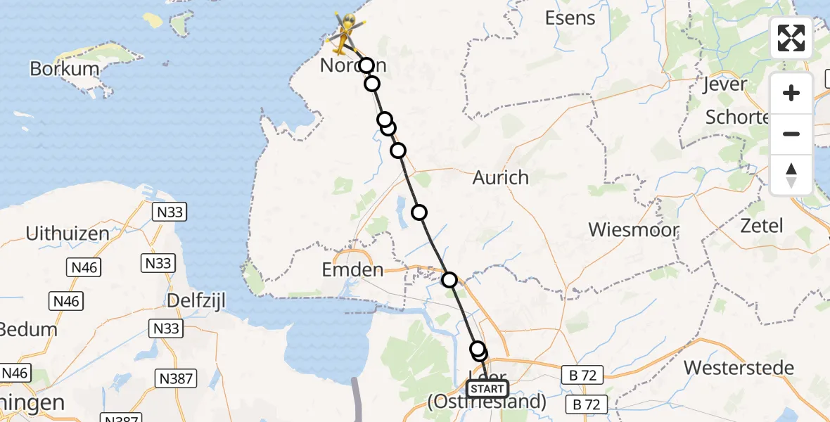 Flugroute Ambulanzhubschrauber Leer (Ostfriesland) - Norden, 17 Oktober 2026, 16:04