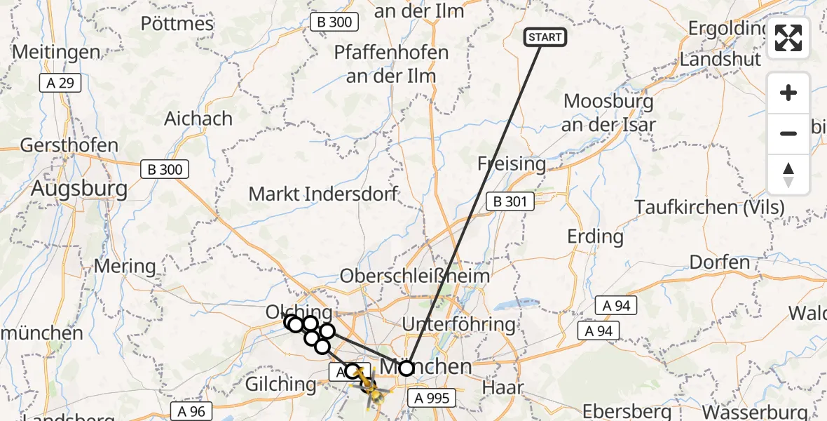 Flugroute Rettungshubschrauber Rudelzhausen - DRF Air Rescue München Hubschrauberlandeplatz, 17 Oktober 2026, 16:07