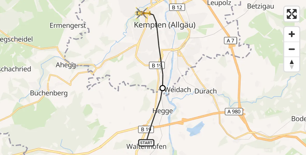 Flugroute Rettungshubschrauber Waltenhofen - Kempten (Allgäu), 17 Oktober 2026, 16:10