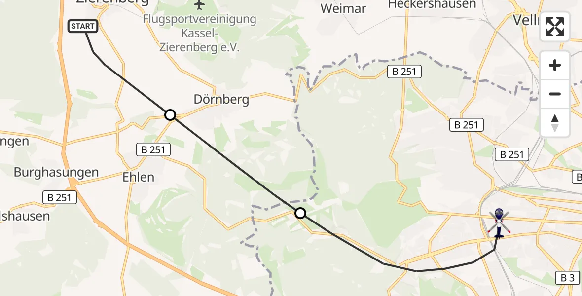 Flugroute Polizeihubschrauber Zierenberg - Kassel, 17 Oktober 2026, 16:24