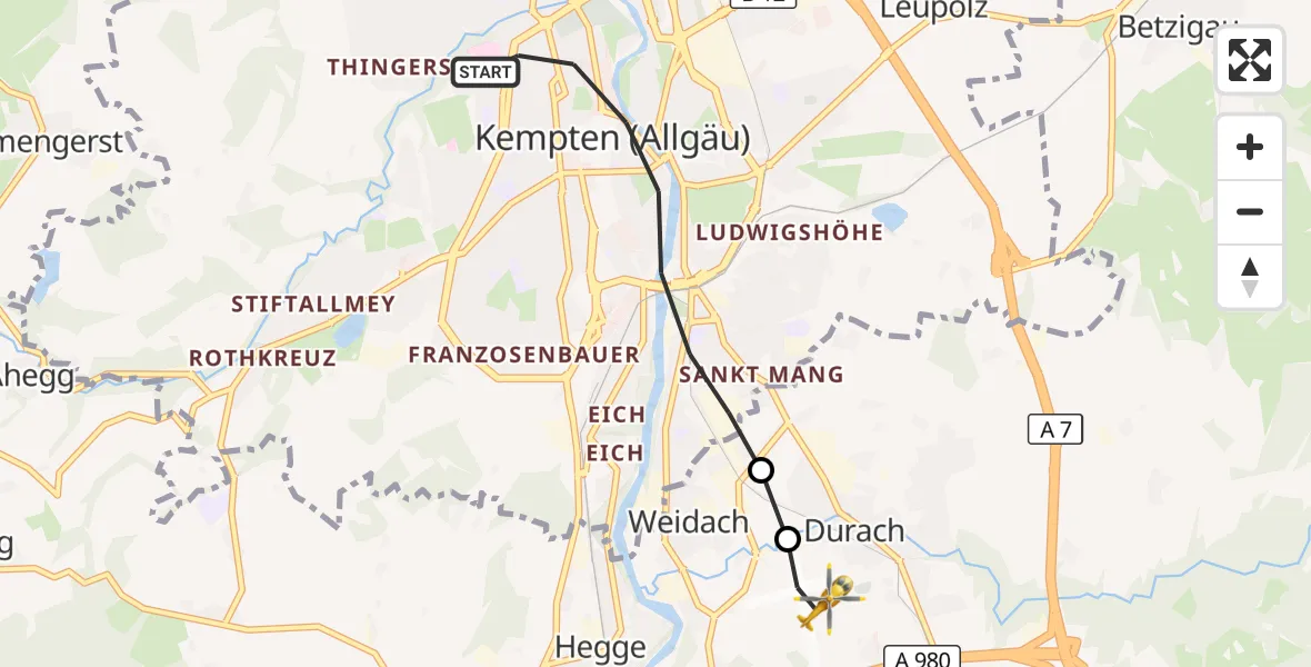 Flugroute Rettungshubschrauber Kempten (Allgäu) - Kempten-Durach Flugplatz, 17 Oktober 2026, 16:27