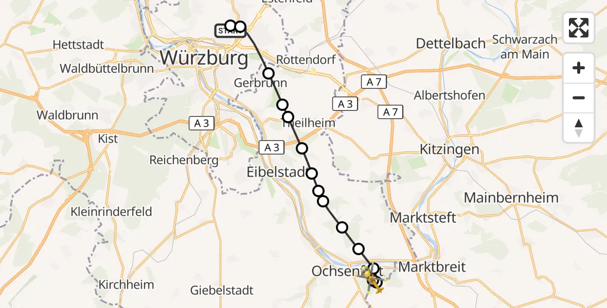 Flugroute Rettungshubschrauber Würzburg University Hospital Straubmühlweg - Ochsenfurt Hospital, 17 Oktober 2026, 16:30