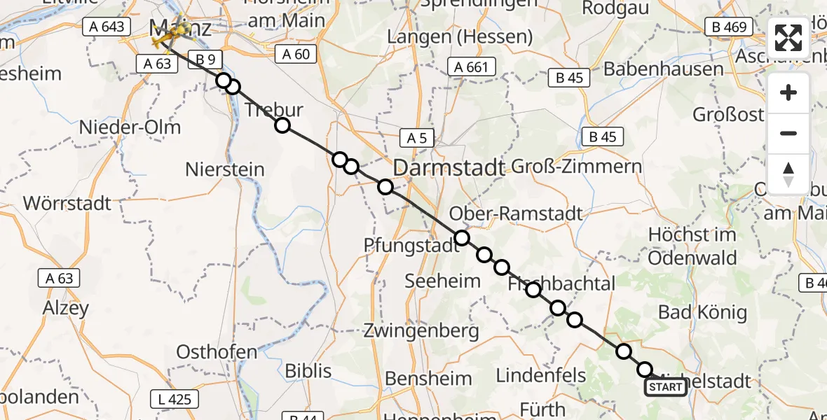 Flugroute Ambulanzhubschrauber Michelstadt - Mainz, 17 Oktober 2026, 17:06
