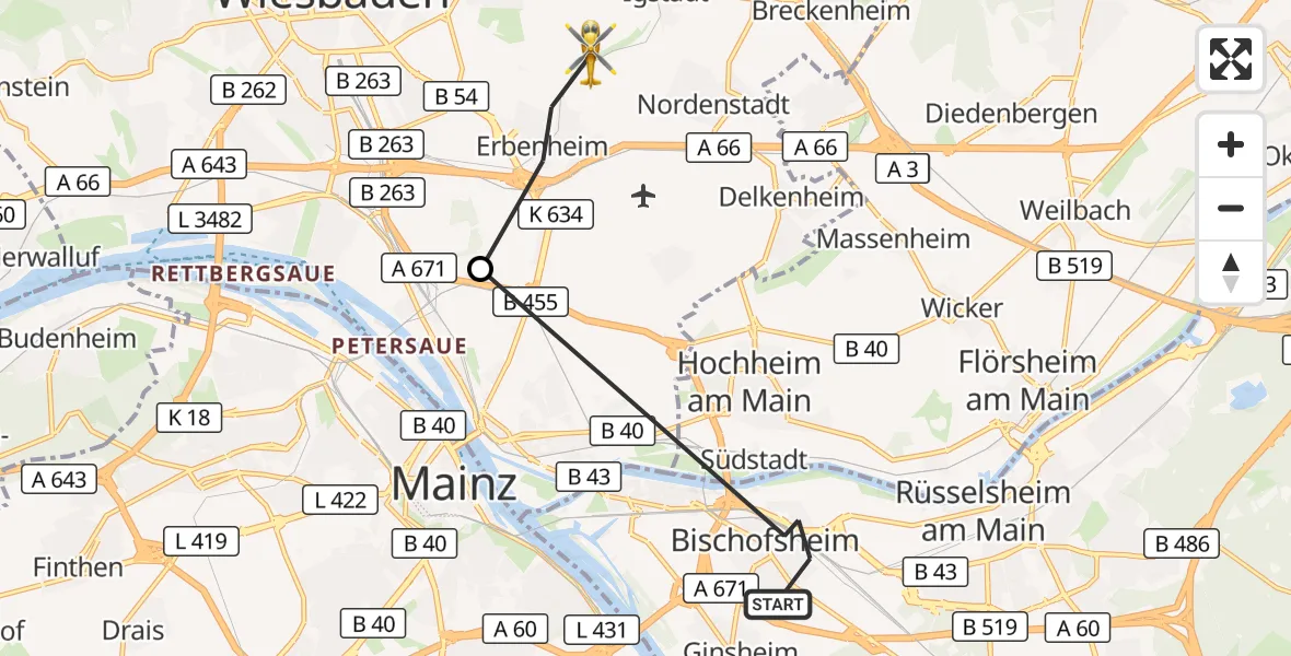 Flugroute Ambulanzhubschrauber Bischofsheim - Wiesbaden, 17 Oktober 2026, 18:12