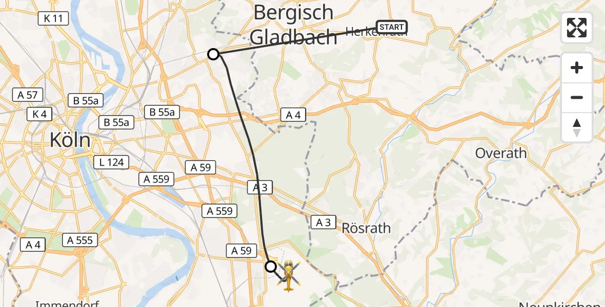 Flugroute Ambulanzhubschrauber Bergisch Gladbach - Köln Bonn Flughafen, 17 Oktober 2026, 19:32