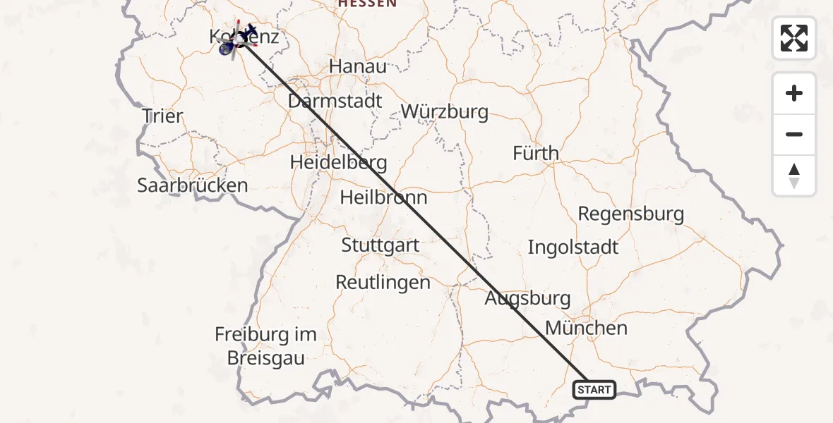 Flugroute Polizeihubschrauber Kreuth - Koblenz-Winningen Flugplatz, 17 Oktober 2026, 20:11