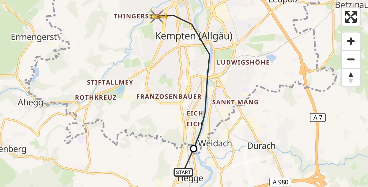 Flugroute Rettungshubschrauber Waltenhofen - Kempten (Allgäu), 18 Oktober 2026, 07:44