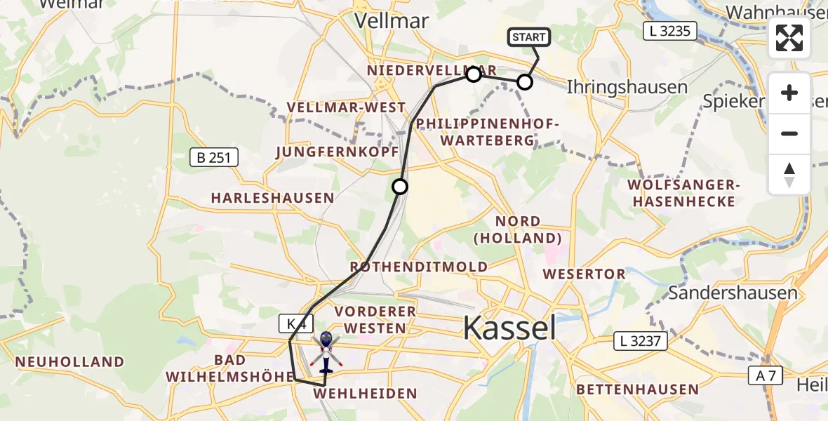 Flugroute Polizeihubschrauber Fuldatal Bundespolizei Hubschrauberlandeplatz - Kassel, 18 Oktober 2026, 08:09
