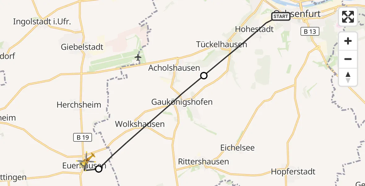 Flugroute Rettungshubschrauber Ochsenfurt - Giebelstadt, 18 Oktober 2026, 08:10
