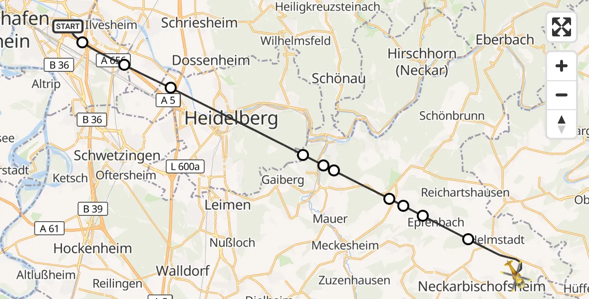 Flugroute Rettungshubschrauber Mannheim-City Flughafen - Helmstadt-Bargen, 18 Oktober 2026, 08:11
