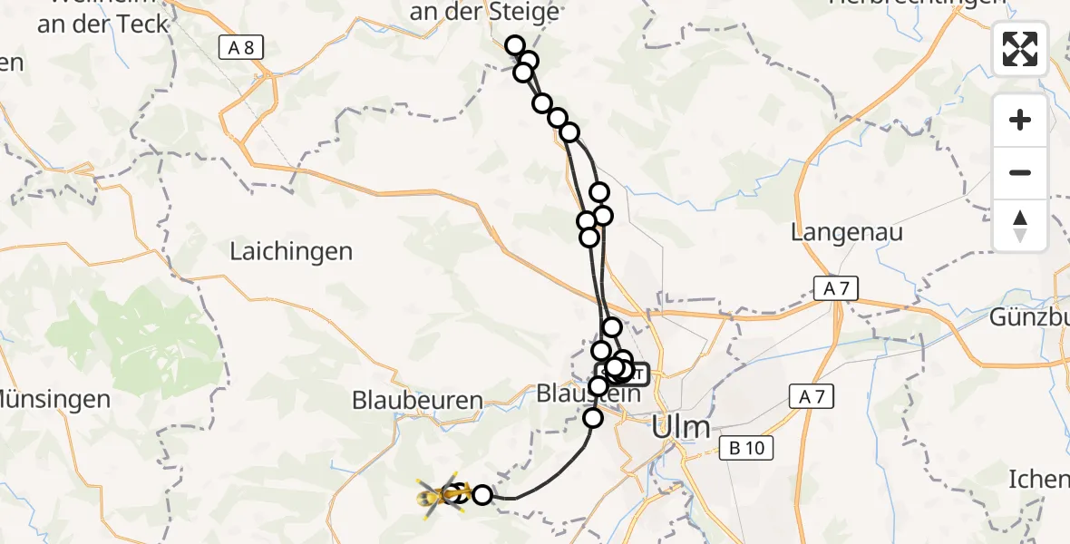 Flugroute Rettungshubschrauber Ulm Military Hospital Emergency - Blaubeuren, 18 Oktober 2026, 08:12