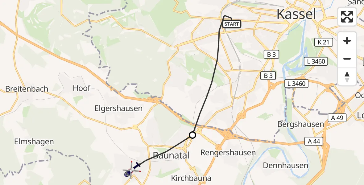 Flugroute Polizeihubschrauber Kassel - Baunatal, 18 Oktober 2026, 08:27