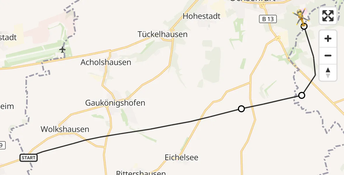 Flugroute Rettungshubschrauber Gaukönigshofen - Ochsenfurt Hospital, 18 Oktober 2026, 08:46