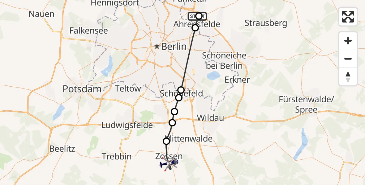 Flugroute Polizeihubschrauber Ahrensfelde Hubschrauberlandeplatz - Zossen, 18 Oktober 2026, 08:53