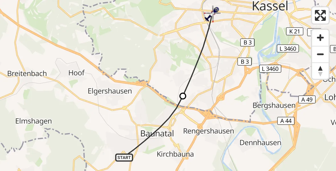 Flugroute Polizeihubschrauber Baunatal - Kassel, 18 Oktober 2026, 08:56