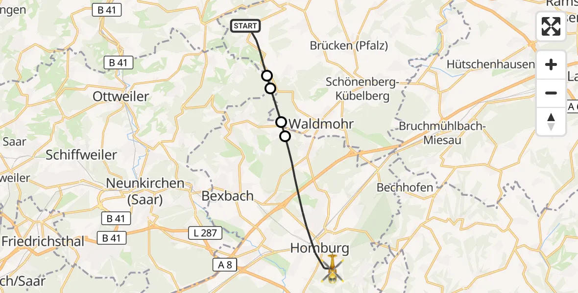 Flugroute Rettungshubschrauber Breitenbach - Homburg, 18 Oktober 2026, 09:14